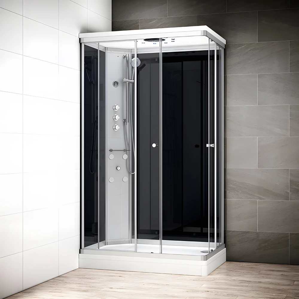 Cabine douche hydromassage SILVER rectangulaire avec accès en angle | Version gauche avec vitres noires