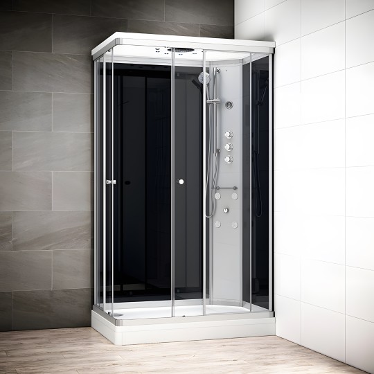 Cabine douche hydromassage SILVER rectangulaire avec accès en angle | Version droite avec vitres noires