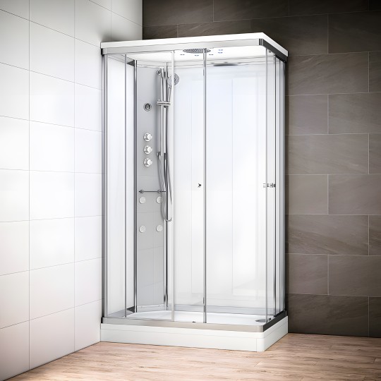 Cabine douche hydromassage SILVER rectangulaire avec accès en angle | Version gauche avec vitres blanches
