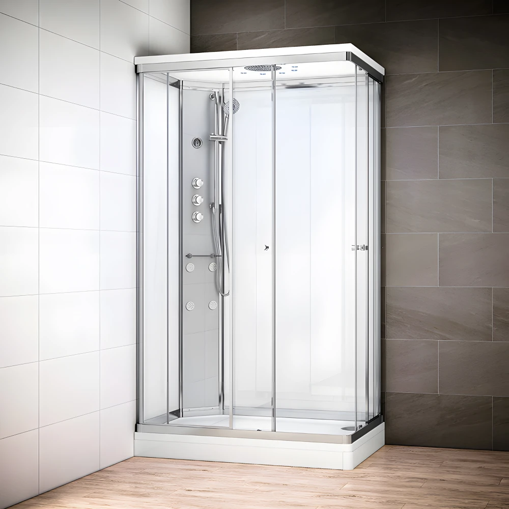 Cabine douche hydromassage SILVER rectangulaire avec accès en angle | Version gauche avec vitres blanches