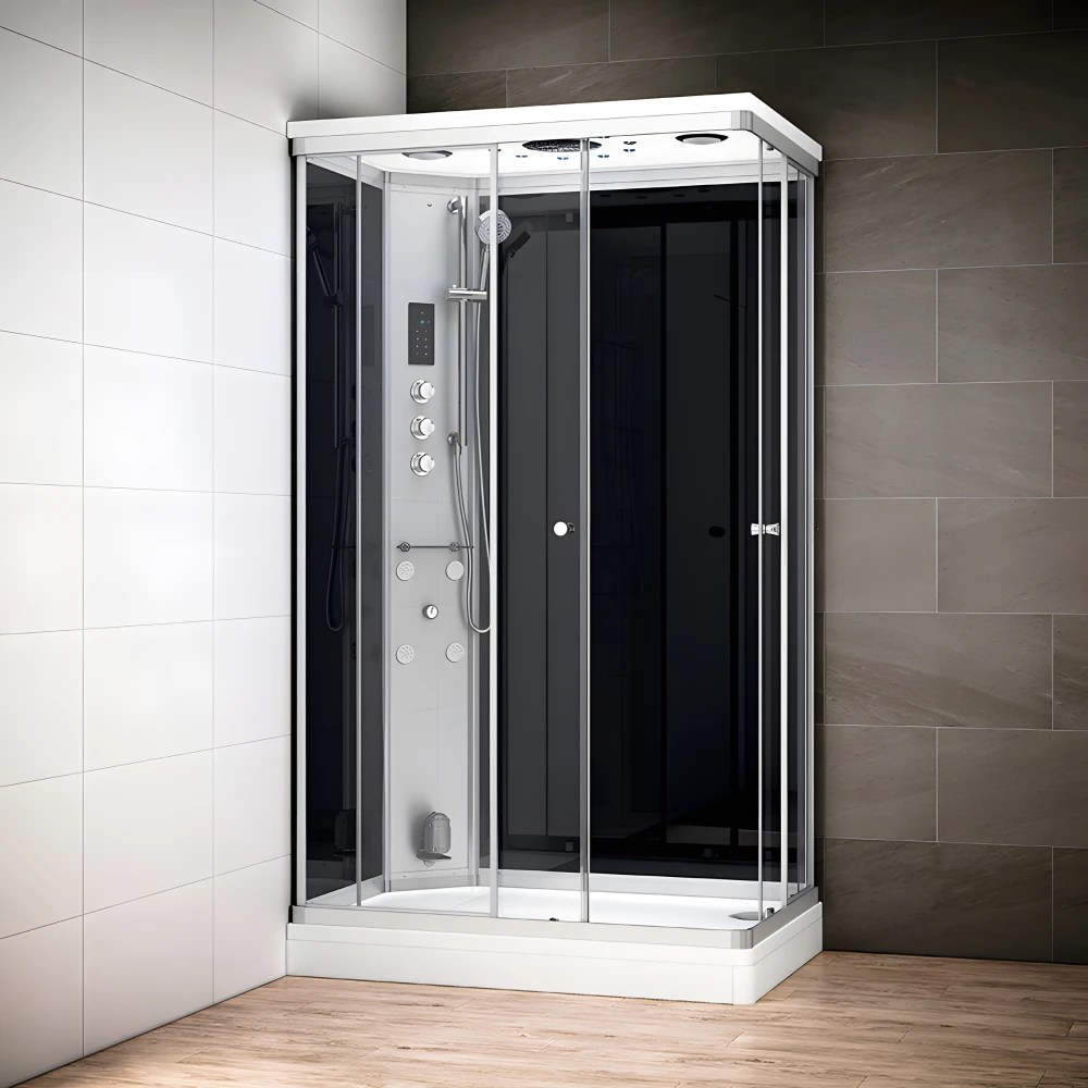 Cabine douche hammam SILVER rectangulaire avec accès en angle | Version gauche avec vitres noires