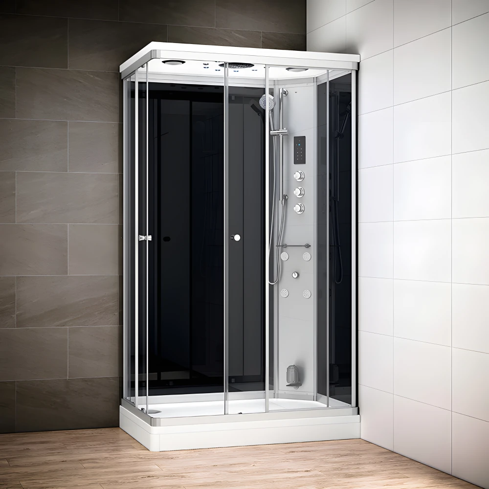 Cabine douche hammam SILVER rectangulaire avec accès en angle | Version gauche avec vitres noires