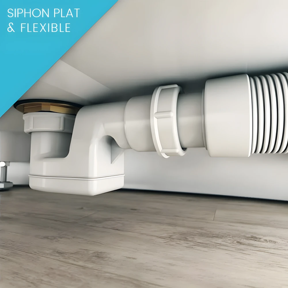 Siphon plat et flexible 40mm fournis pour un raccordement facile