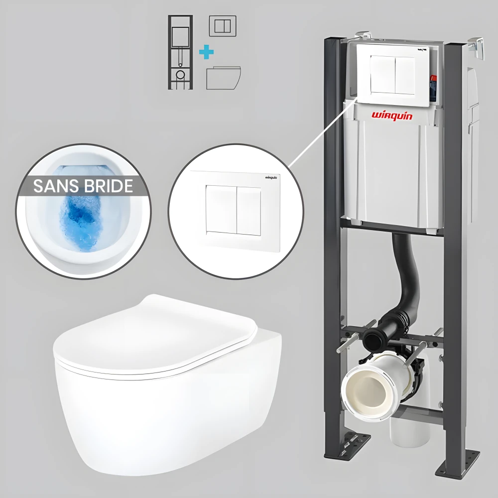 Pack WC suspendu sans bride avec bâti-support autoportant WIRQUIN PRO et plaque blanche