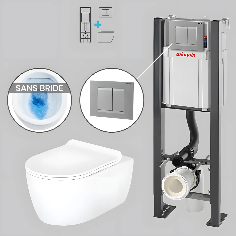 Pack WC suspendu sans bride avec bâti-support autoportant WIRQUIN PRO et plaque grise