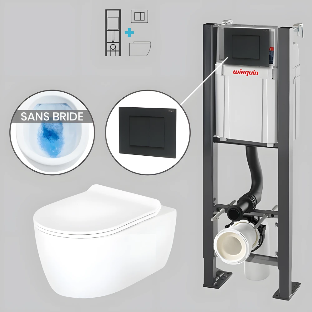 Pack WC suspendu sans bride avec bâti-support autoportant WIRQUIN PRO et plaque noire