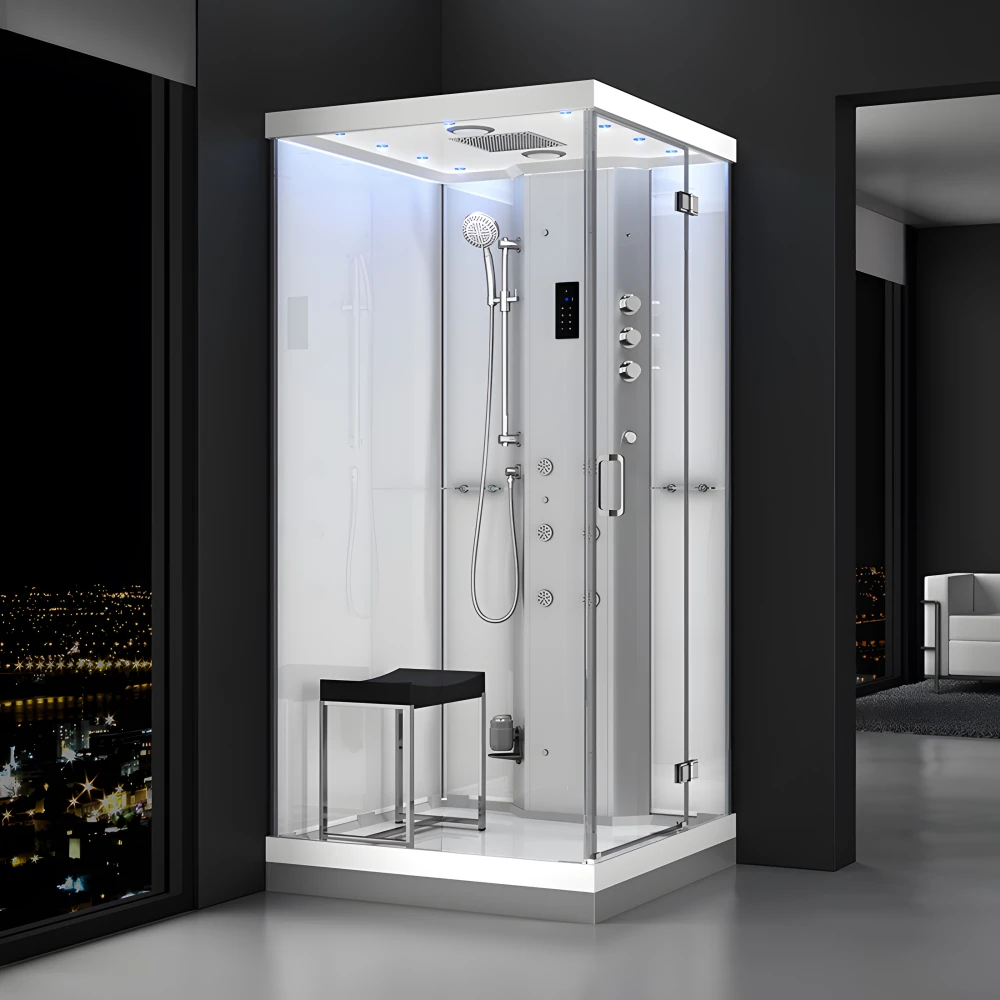 Cabine douche hammam URBAN 100x100cm (version droite) avec verres blancs sur 2 côtés