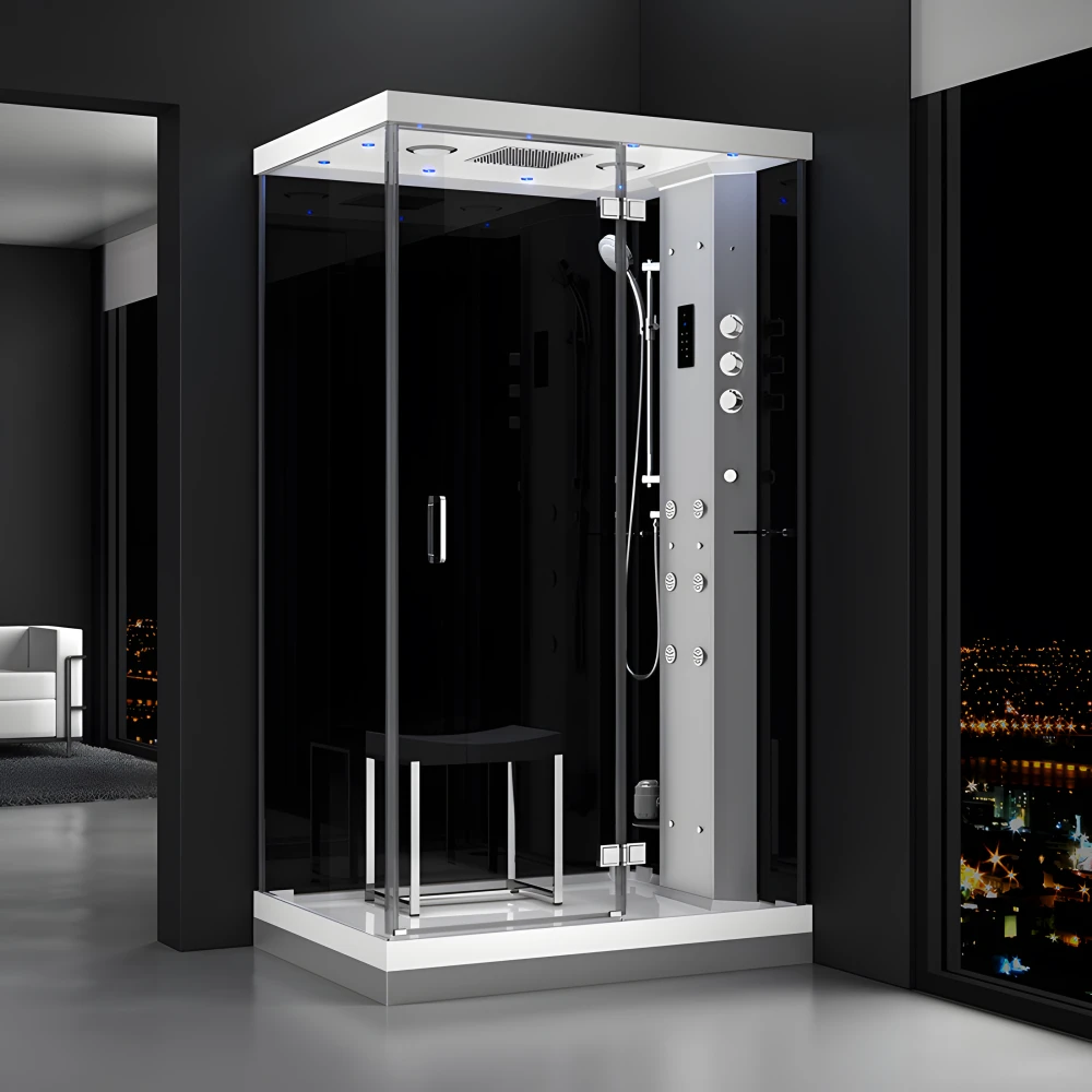 Cabine douche hammam URBAN 120x90cm (version droite) avec verres noirs sur 2 côtés